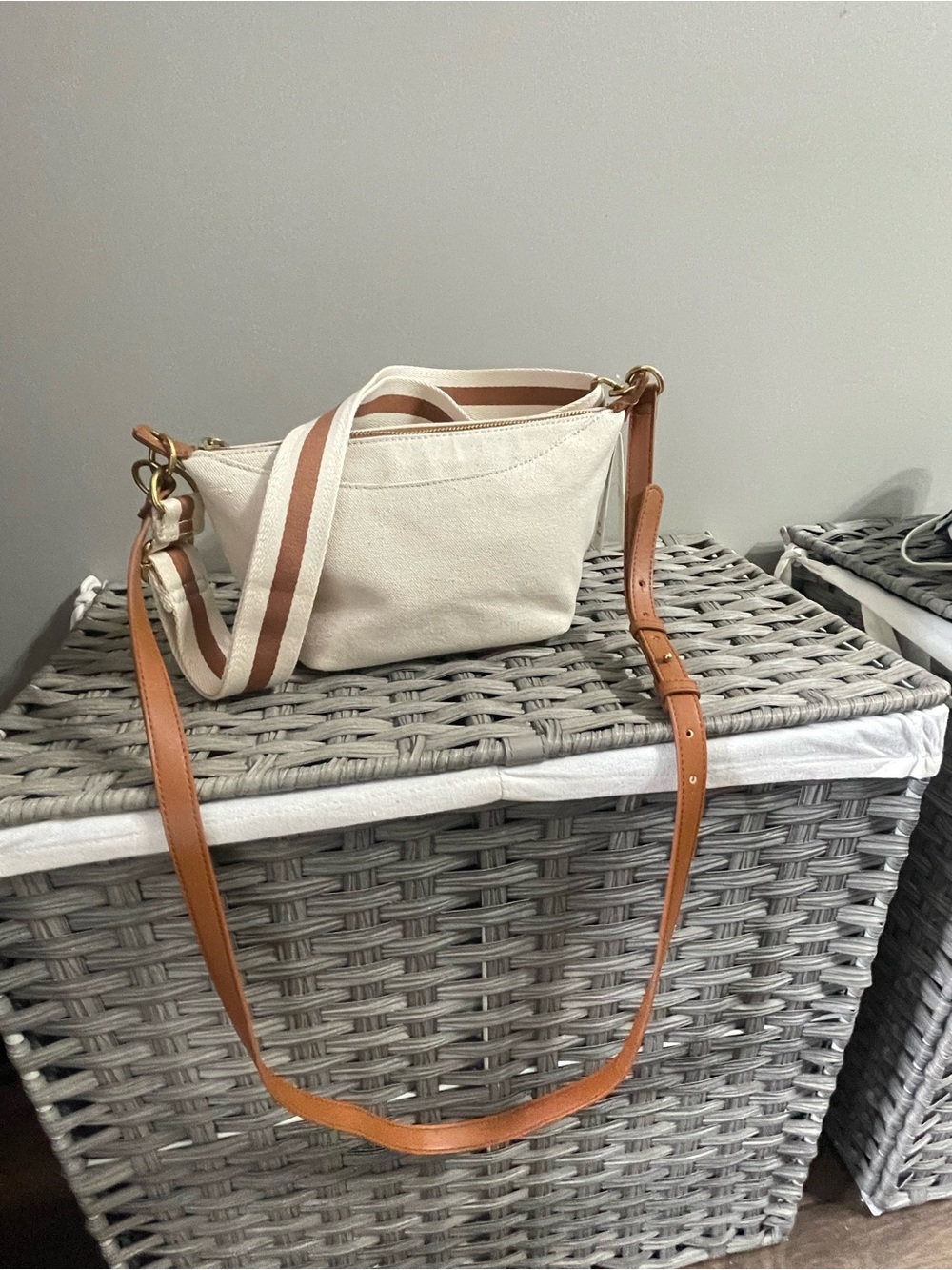 Canvas Crossbody Bag with Tan Leather Strap - Cream
